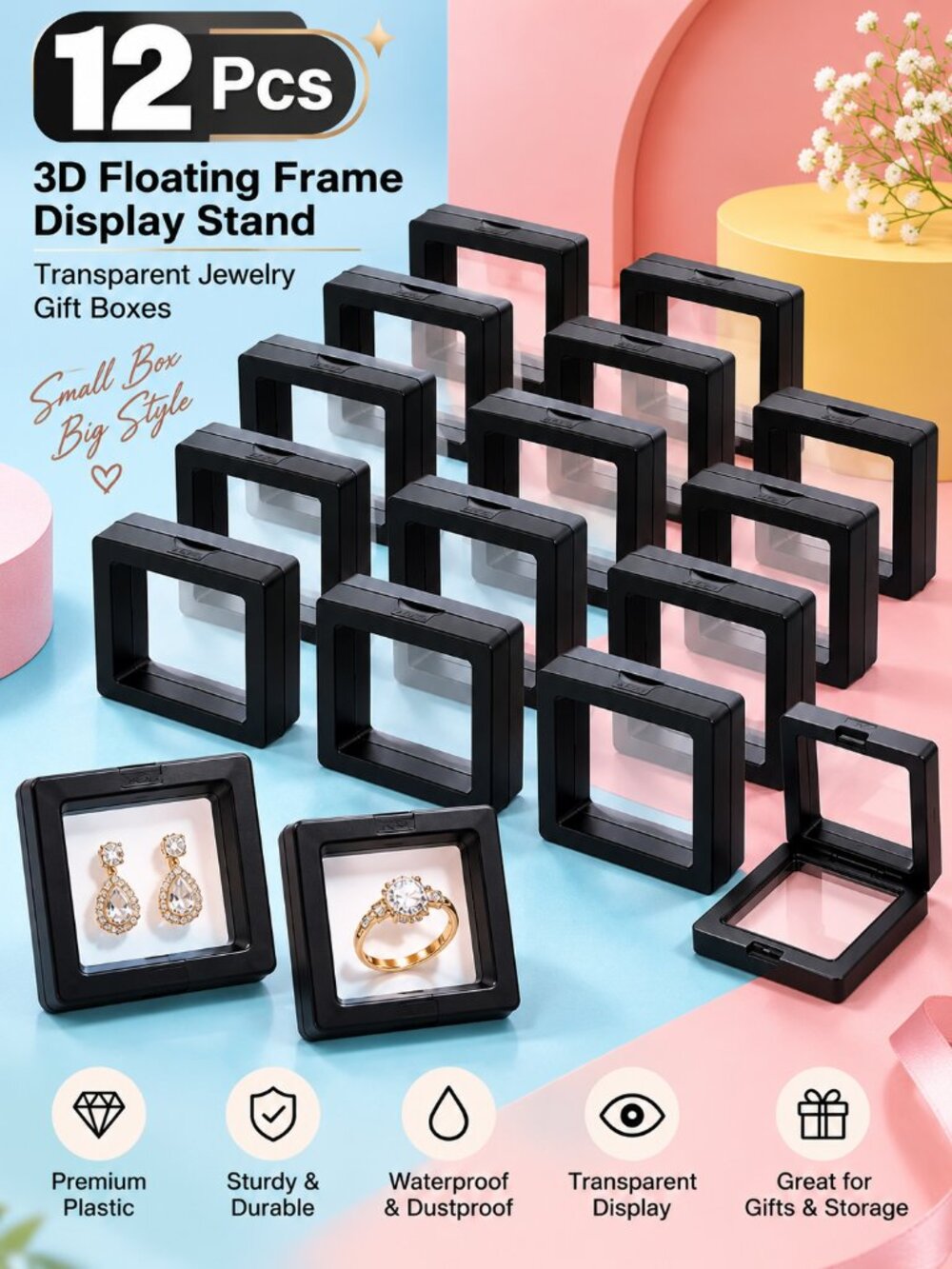 12 Pcs 3D Floating Frame Display Stand ā Transparent Jewelry & Collectible Gift